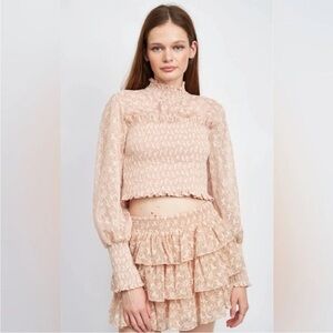 En Saison Blush Pink Metro Floral Lace Embroidered Smocked Puff Sleeve Top XS
